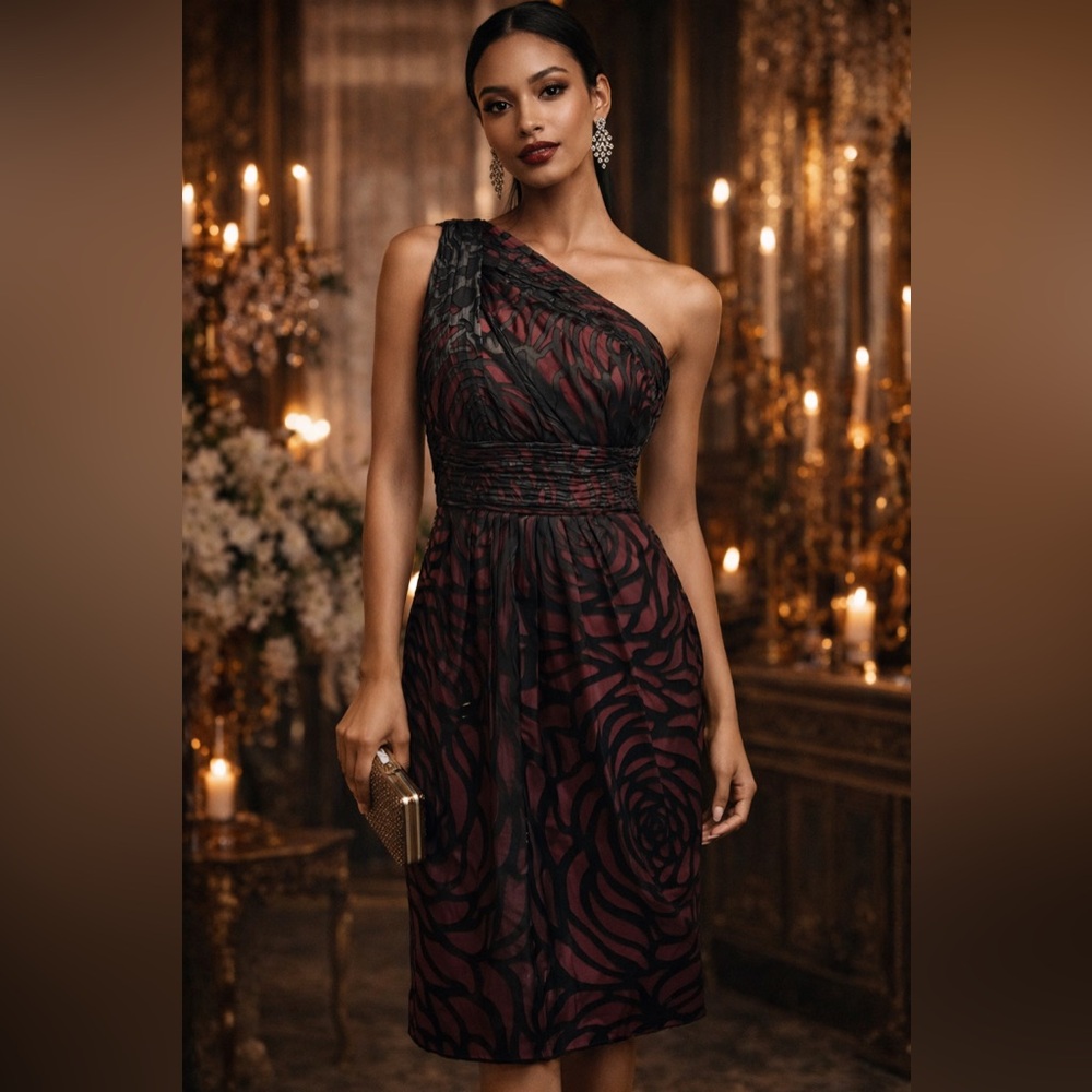 Le Chateau One-Shoulder Black Red Midi Silk Evening Cocktail Prom Formal Dress - Picture 7 of 16